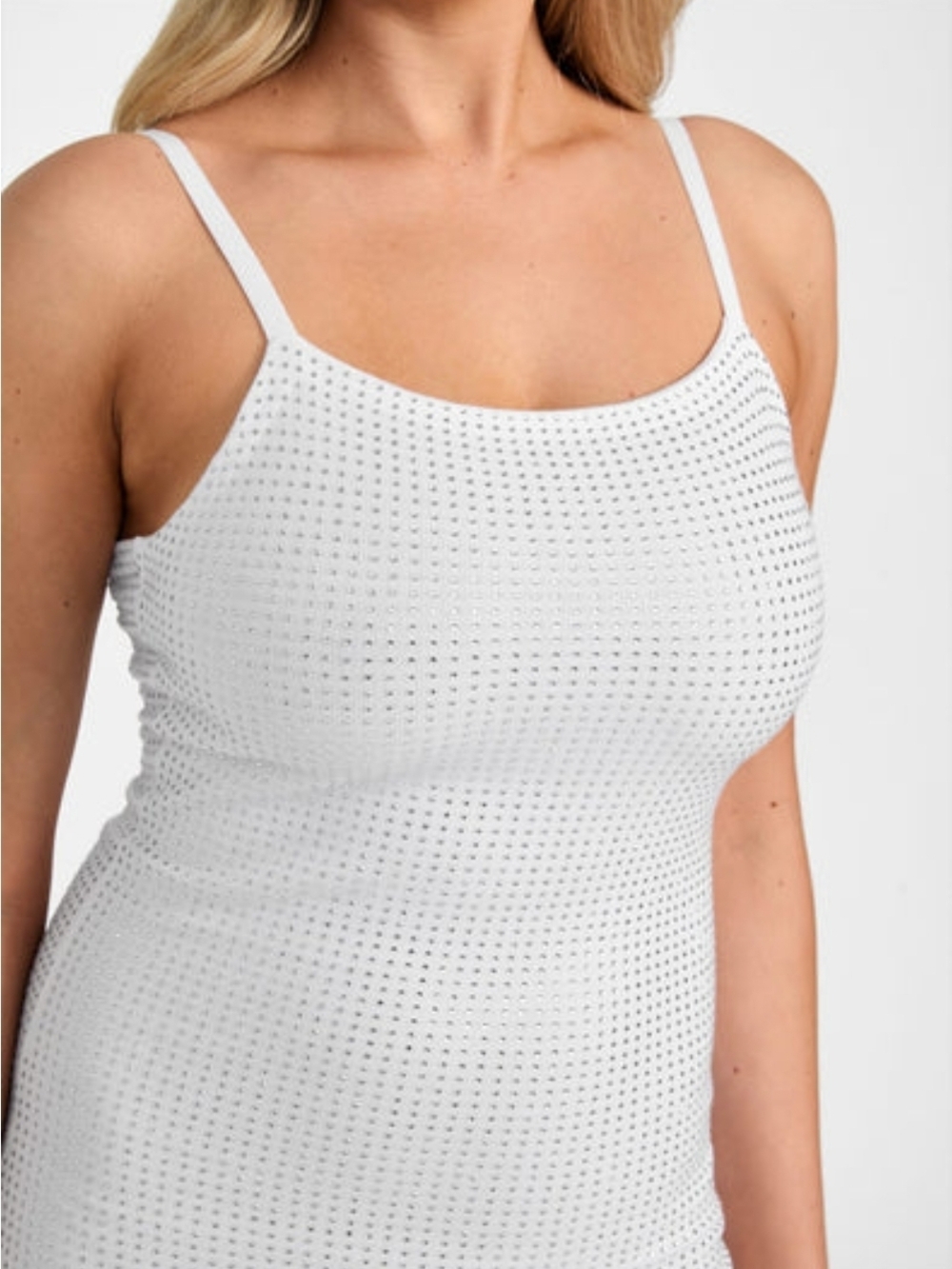 Guess Eco White Ribbed Spaghetti-Strap Mini Dress  khloe rhinestones